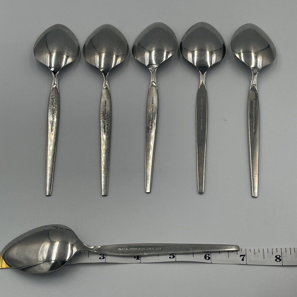 6 Oneida Community SATINIQUE Older Style Stainless Oval SOUP SPOONS Vtg Flatware - Picture 5 of 5